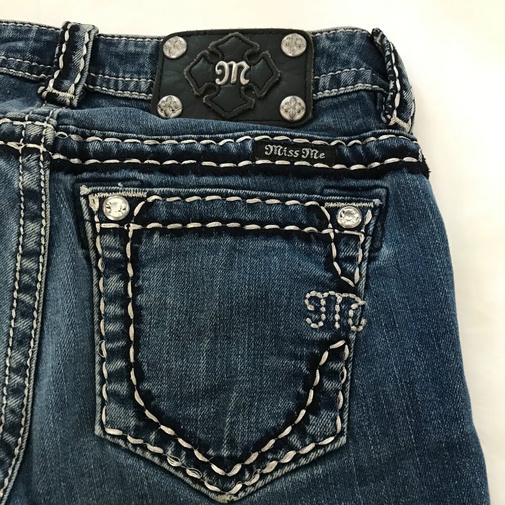 Miss Me Mid Rise Skinny Jeans Women 26 Blue Embellished Thick Stitch Studded - Picture 13 of 16